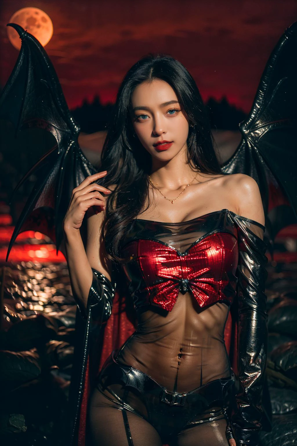 ((masterpiece), (best quality), ultra high res, (raw photo:1.2), (photorealistic:1.4), Exceptional detail, dramatic lighting, highres, 8k, absurdres, solo, portrait, dark theme, pitch dark, (red sky:1.4), red moon, ((full moon)), (vampire wings:1.5), forest, tall trees, rocky path, standing, ((vampire)),
CN Girl5, 1girl, (see-through:1.3),((blue eyes)), long hair, black hair, bare shoulders, off shoulder, piercing, solo, black hair, navel, dark red accessories, necklace, vampire black cape, looking at viewer, medium breasts,
<lora:LowRA:0.8> , <lora:CN_Girl4_v2-000010:0.55>