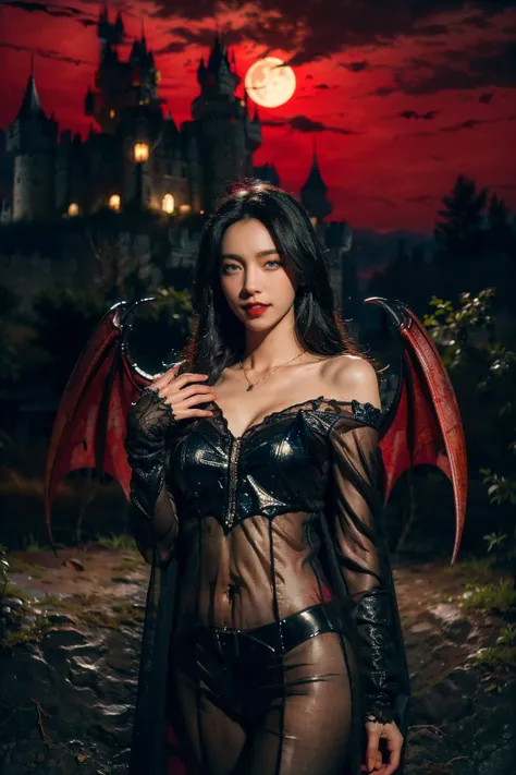 ((masterpiece), (best quality), ultra high res, (raw photo:1.2), (photorealistic:1.4), Exceptional detail, dramatic lighting, highres,   8k, absurdres, solo, portrait,   dark theme, pitch dark, (red sky:1.4), red moon, ((full moon)), (vampire wings:1.5), forest, tall trees, rocky path, standing, ((vampire)), (castle:1.6), 
 CN Girl5, 1girl, (see-through:1.3),((blue eyes)), long hair, black hair, bare shoulders,  off shoulder, piercing, solo, black hair, navel, dark red accessories, necklace, vampire black cape, looking at viewer, medium breasts,
  <lora:LowRA:0.8> , <lora:CN_Girl4_v2-000010:0.55>