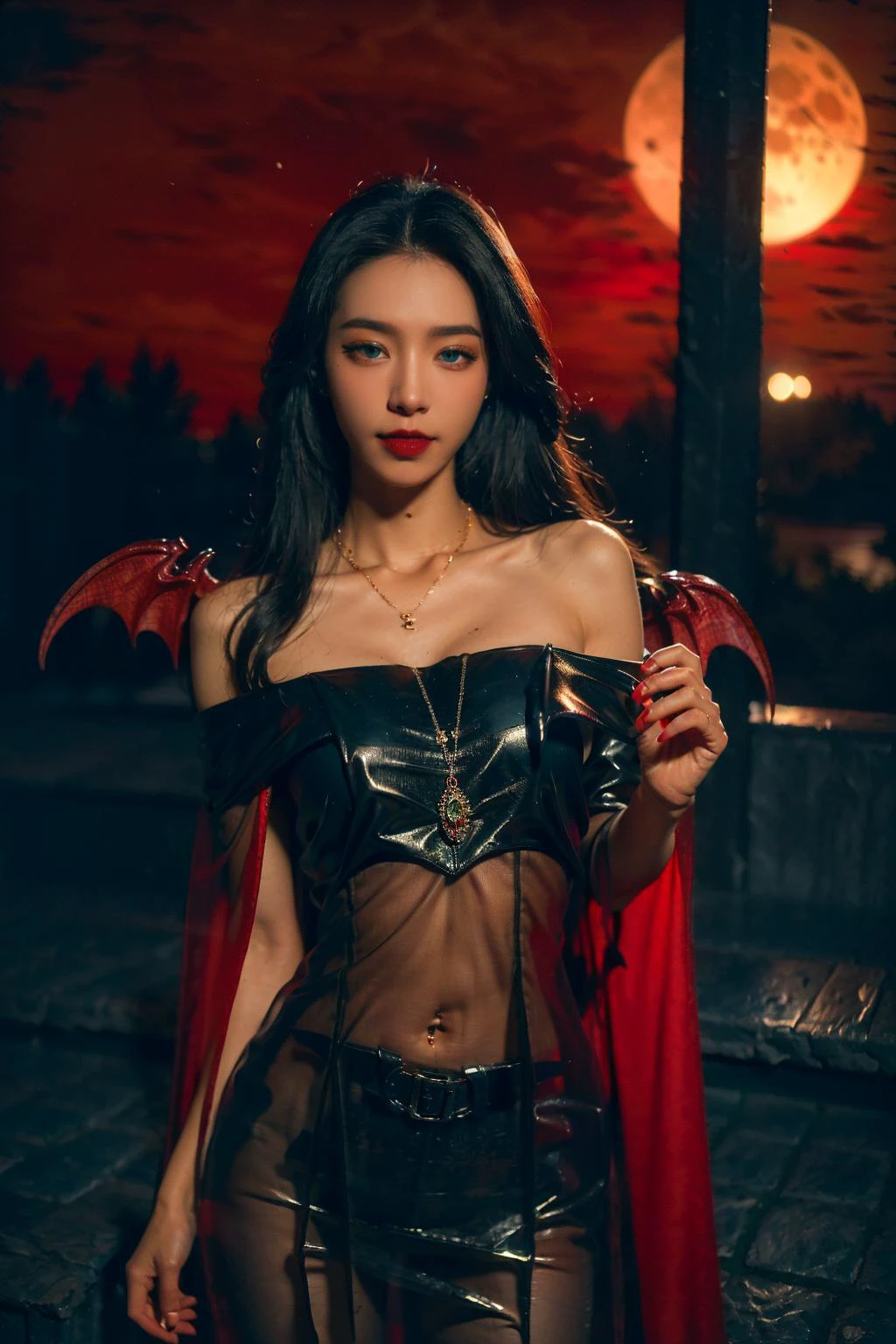 ((masterpiece), (best quality), ultra high res, (raw photo:1.2), (photorealistic:1.4), Exceptional detail, dramatic lighting, highres, 8k, absurdres, solo, portrait, dark theme, pitch dark, (red sky:1.4), red moon, ((full moon)), (vampire wings:1.5), forest, tall trees, rocky path, standing, ((vampire)),
CN Girl5, 1girl, (see-through:1.3),((blue eyes)), long hair, black hair, bare shoulders, off shoulder, piercing, solo, black hair, navel, dark red accessories, necklace, vampire black cape, looking at viewer, medium breasts,
<lora:LowRA:0.8> , <lora:CN_Girl4_v2-000010:0.55>