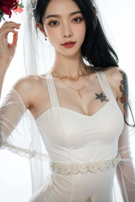 ((masterpiece), (best quality), ultra high res, (raw photo:1.2), (photorealistic:1.4), Exceptional detail, dramatic lighting, highres, 8k, absurdres, solo, (plain background:1.8), (white background:1.7),simple background,((close up)), portrait,
CN Girl5, 1girl, (see-through:1.3),bare shoulders, wedding dress, off shoulder, piercing, long hair, solo, black hair, navel, tattoo, nipples, golden accessories, necklace, golden hair ornament, looking at viewer, medium breasts,
<lora:CN_Girl4_v2-000010:0.6>, style-bridal