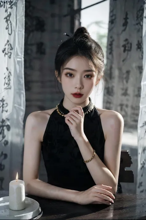 ((masterpiece), (best quality), ultra high res, (raw photo:1.2), (photorealistic:1.4), Exceptional detail, dramatic lighting, highres,   8k, absurdres, solo, calligraphy_background, ((Chinese calligraphy)), holding, black cheongsam, writing, table, Chinese Ancient temple, Chinese tower, indoor, sunset, ((Chinese candle light)),
CN Girl5, bare shoulders, off shoulder, navel, piercing,  long hair, solo, black hair, navel, golden accessories, necklace, golden hair ornament, looking at viewer, medium breasts,
<lora:CN_Girl4_v2-000010:0.6>,    <lora:caligraphy_background:0.85>