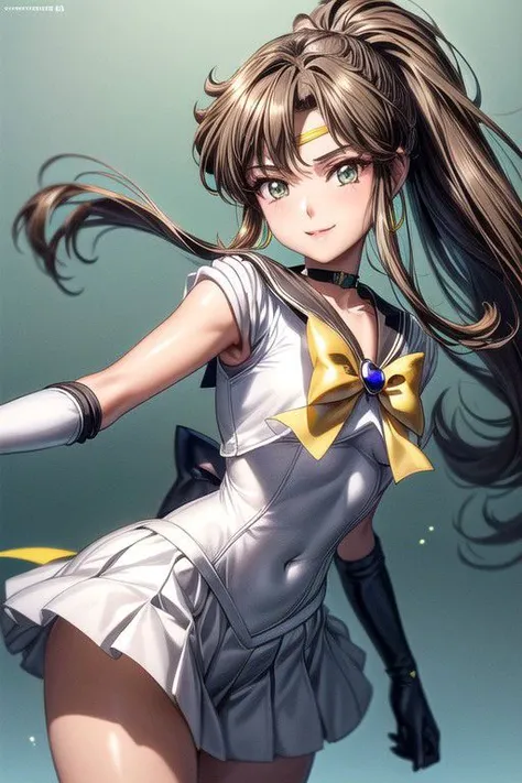 Setsuna,  joy, smile, happy, brown eyes, high ponytail, long hair, sailor senshi uniform, sailor collar, chest bow, back bow, plead skirt, white elbow gloves, (masterpiece:1.1), (best quality:1.1), 1girl, Real light and shadow, anime face, 4k, 8k, wallpaper,epic, detail texture,  (green eyes:1.5), ((((brown hair:1.35 colored inner hair,ear breathing)))),(((brown_eyes:1.3))),intricate eyes,beautiful detailed eyes,symmetrical eyes,big eyes:1.5,(((lustrous skin:1.5,bright skin: 1.5,shiny skin,very shiny skin,shiny body,plastic glitter skin,exaggerated shiny skin,illuminated skin))),(detailed body,(detailed face)),(dynamic pose:1.0),happy,smile,(centered,scale to fit dimensions,Rule of thirds), (ultra detailed,extremely detailed),(photorealistic artwork:1.37),(extremely detailed CG unity 8k wallpaper),(((vibrant colors,vibrant theme))),(intricate),(masterpiece),(best quality),