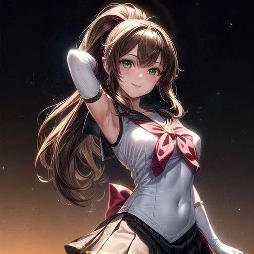 Setsuna,  joy, smile, happy, brown eyes, high ponytail, long hair, sailor senshi uniform, sailor collar, chest bow, back bow, plead skirt, white elbow gloves, (masterpiece:1.1), (best quality:1.1), 1girl, Real light and shadow, anime face, 4k, 8k, wallpaper,epic, detail texture,  (green eyes:1.5), ((((brown hair:1.35 colored inner hair,ear breathing)))),(((brown_eyes:1.3))),intricate eyes,beautiful detailed eyes,symmetrical eyes,big eyes:1.5,(((lustrous skin:1.5,bright skin: 1.5,shiny skin,very shiny skin,shiny body,plastic glitter skin,exaggerated shiny skin,illuminated skin))),(detailed body,(detailed face)),(dynamic pose:1.0),happy,smile,(centered,scale to fit dimensions,Rule of thirds), (ultra detailed,extremely detailed),(photorealistic artwork:1.37),(extremely detailed CG unity 8k wallpaper),(((vibrant colors,vibrant theme))),(intricate),(masterpiece),(best quality),