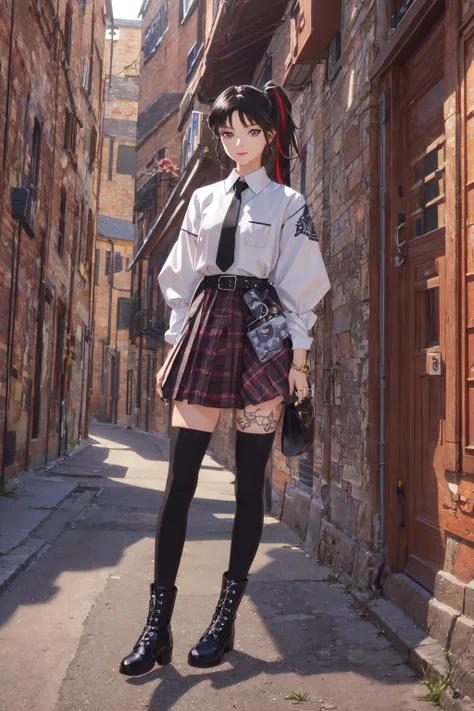 <lora:Setsuna_Yashahime-10:0.75> Setsuna,(masterpiece, best quality, ultra-detailed, absurdres), lustrous skin,(bloom), (solo focus), (shine),edge lighting, ray tracing, sci-fi,solo, fishnets, skirt, black hair, long hair, looking at viewer, black nails, shirt, ponytail, purple eyes, plaid skirt, boots, ring, jewelry, black footwear, bangs, standing,  plaid, plaid sleeves, full body, collared shirt, thighhighs, 1girl, smile, red skirt, long sleeves, parted bangs, miniskirt, closed mouth, knee boots, nail polish,  pleated skirt, necktie, makeup, socks, kneehighs, belt, multicolored hair, streaked hair, red hair,  depth_of_field, (dynamic angle) , golden ratio,rule of thirds, citypunk:1.4, (emo punk style:1.6), Ultra detailed, great composition, extremely delicate and beautiful, extreme light and shadow,(detailed eyes),(extremely detailed illustrated digital art 8k wallpaper),vivid colors,