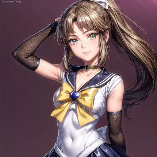 Setsuna,  joy, smile, happy, brown eyes, high ponytail, long hair, sailor senshi uniform, sailor collar, chest bow, back bow, plead skirt, white elbow gloves, (masterpiece:1.1), (best quality:1.1), 1girl, Real light and shadow, anime face, 4k, 8k, wallpaper,epic, detail texture,  (green eyes:1.5), ((((brown hair:1.35 colored inner hair,ear breathing)))),(((brown_eyes:1.3))),intricate eyes,beautiful detailed eyes,symmetrical eyes,big eyes:1.5,(((lustrous skin:1.5,bright skin: 1.5,shiny skin,very shiny skin,shiny body,plastic glitter skin,exaggerated shiny skin,illuminated skin))),(detailed body,(detailed face)),(dynamic pose:1.0),happy,smile,(centered,scale to fit dimensions,Rule of thirds), (ultra detailed,extremely detailed),(photorealistic artwork:1.37),(extremely detailed CG unity 8k wallpaper),(((vibrant colors,vibrant theme))),(intricate),(masterpiece),(best quality),