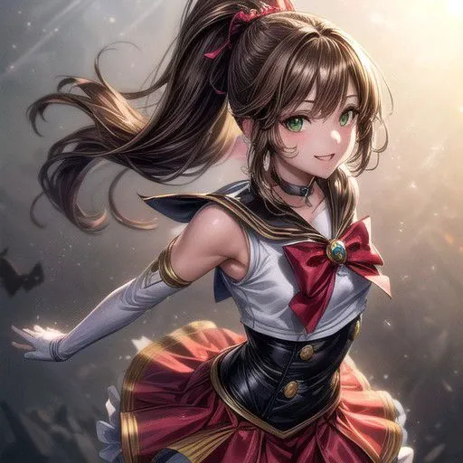 Setsuna, joy, smile, happy, brown eyes, high ponytail, long hair, sailor senshi uniform, sailor collar, chest bow, back bow, plead skirt, white elbow gloves, (masterpiece:1.1), (best quality:1.1), 1girl, Real light and shadow, anime face, 4k, 8k, wallpaper,epic, detail texture, (green eyes:1.5), ((((brown hair:1.35 colored inner hair,ear breathing)))),(((brown_eyes:1.3))),intricate eyes,beautiful detailed eyes,symmetrical eyes,big eyes:1.5,(((lustrous skin:1.5,bright skin: 1.5,shiny skin,very shiny skin,shiny body,plastic glitter skin,exaggerated shiny skin,illuminated skin))),(detailed body,(detailed face)),(dynamic pose:1.0),happy,smile,(centered,scale to fit dimensions,Rule of thirds), (ultra detailed,extremely detailed),(photorealistic artwork:1.37),(extremely detailed CG unity 8k wallpaper),(((vibrant colors,vibrant theme))),(intricate),(masterpiece),(best quality),