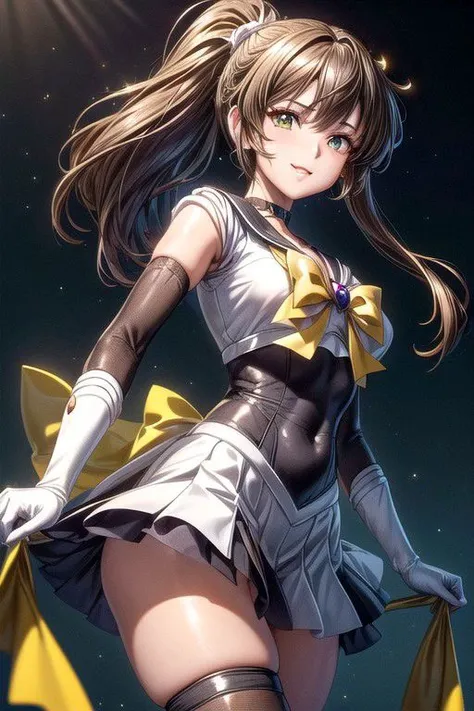 Setsuna, joy, smile, happy, brown eyes, high ponytail, long hair, sailor senshi uniform, sailor collar, chest bow, back bow, plead skirt, white elbow gloves, (masterpiece:1.1), (best quality:1.1), 1girl, Real light and shadow, anime face, 4k, 8k, wallpaper,epic, detail texture, (green eyes:1.5), ((((brown hair:1.35 colored inner hair,ear breathing)))),(((brown_eyes:1.3))),intricate eyes,beautiful detailed eyes,symmetrical eyes,big eyes:1.5,(((lustrous skin:1.5,bright skin: 1.5,shiny skin,very shiny skin,shiny body,plastic glitter skin,exaggerated shiny skin,illuminated skin))),(detailed body,(detailed face)),(dynamic pose:1.0),happy,smile,(centered,scale to fit dimensions,Rule of thirds), (ultra detailed,extremely detailed),(photorealistic artwork:1.37),(extremely detailed CG unity 8k wallpaper),(((vibrant colors,vibrant theme))),(intricate),(masterpiece),(best quality),