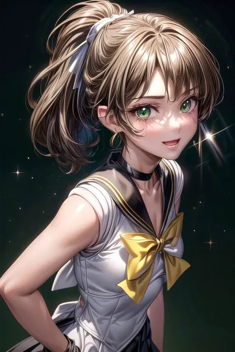 <lora:Setsuna_Yashahime-10:1>,  joy, smile, happy, brown eyes, high ponytail, long hair, sailor senshi uniform, sailor collar, chest bow, back bow, plead skirt, white elbow gloves, (masterpiece:1.1), (best quality:1.1), 1girl, Real light and shadow, anime face, 4k, 8k, wallpaper,epic, detail texture,  (green eyes:1.5), ((((brown hair:1.35 colored inner hair,ear breathing)))),(((brown_eyes:1.3))),intricate eyes,beautiful detailed eyes,symmetrical eyes,big eyes:1.5,(((lustrous skin:1.5,bright skin: 1.5,shiny skin,very shiny skin,shiny body,plastic glitter skin,exaggerated shiny skin,illuminated skin))),(detailed body,(detailed face)),(dynamic pose:1.0),happy,smile,(centered,scale to fit dimensions,Rule of thirds), (ultra detailed,extremely detailed),(photorealistic artwork:1.37),(extremely detailed CG unity 8k wallpaper),(((vibrant colors,vibrant theme))),(intricate),(masterpiece),(best quality),