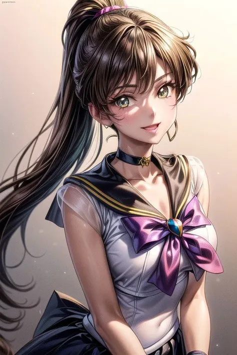 Setsuna,  joy, smile, happy, brown eyes, high ponytail, long hair, sailor senshi uniform, sailor collar, chest bow, back bow, plead skirt, white elbow gloves, (masterpiece:1.1), (best quality:1.1), 1girl, Real light and shadow, anime face, 4k, 8k, wallpaper,epic, detail texture,  (green eyes:1.5), ((((brown hair:1.35 colored inner hair,ear breathing)))),(((brown_eyes:1.3))),intricate eyes,beautiful detailed eyes,symmetrical eyes,big eyes:1.5,(((lustrous skin:1.5,bright skin: 1.5,shiny skin,very shiny skin,shiny body,plastic glitter skin,exaggerated shiny skin,illuminated skin))),(detailed body,(detailed face)),(dynamic pose:1.0),happy,smile,(centered,scale to fit dimensions,Rule of thirds), (ultra detailed,extremely detailed),(photorealistic artwork:1.37),(extremely detailed CG unity 8k wallpaper),(((vibrant colors,vibrant theme))),(intricate),(masterpiece),(best quality),