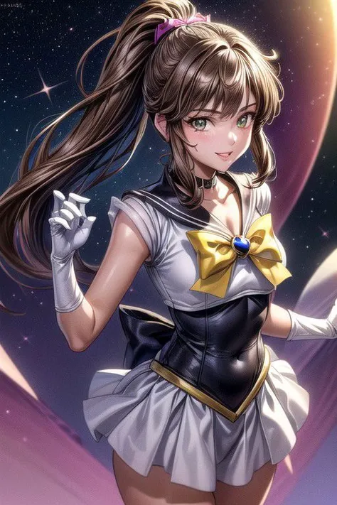 Setsuna,  joy, smile, happy, brown eyes, high ponytail, long hair, sailor senshi uniform, sailor collar, chest bow, back bow, plead skirt, white elbow gloves, (masterpiece:1.1), (best quality:1.1), 1girl, Real light and shadow, anime face, 4k, 8k, wallpaper,epic, detail texture,  (green eyes:1.5), ((((brown hair:1.35 colored inner hair,ear breathing)))),(((brown_eyes:1.3))),intricate eyes,beautiful detailed eyes,symmetrical eyes,big eyes:1.5,(((lustrous skin:1.5,bright skin: 1.5,shiny skin,very shiny skin,shiny body,plastic glitter skin,exaggerated shiny skin,illuminated skin))),(detailed body,(detailed face)),(dynamic pose:1.0),happy,smile,(centered,scale to fit dimensions,Rule of thirds), (ultra detailed,extremely detailed),(photorealistic artwork:1.37),(extremely detailed CG unity 8k wallpaper),(((vibrant colors,vibrant theme))),(intricate),(masterpiece),(best quality),