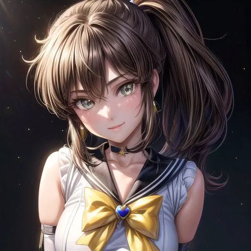Setsuna, joy, smile, happy, brown eyes, high ponytail, long hair, sailor senshi uniform, sailor collar, chest bow, back bow, plead skirt, white elbow gloves, (masterpiece:1.1), (best quality:1.1), 1girl, Real light and shadow, anime face, 4k, 8k, wallpaper,epic, detail texture, (green eyes:1.5), ((((brown hair:1.35 colored inner hair,ear breathing)))),(((brown_eyes:1.3))),intricate eyes,beautiful detailed eyes,symmetrical eyes,big eyes:1.5,(((lustrous skin:1.5,bright skin: 1.5,shiny skin,very shiny skin,shiny body,plastic glitter skin,exaggerated shiny skin,illuminated skin))),(detailed body,(detailed face)),(dynamic pose:1.0),happy,smile,(centered,scale to fit dimensions,Rule of thirds), (ultra detailed,extremely detailed),(photorealistic artwork:1.37),(extremely detailed CG unity 8k wallpaper),(((vibrant colors,vibrant theme))),(intricate),(masterpiece),(best quality),