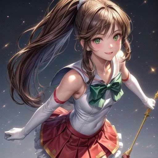 Setsuna,  joy, smile, happy, brown eyes, high ponytail, long hair, sailor senshi uniform, sailor collar, chest bow, back bow, plead skirt, white elbow gloves, (masterpiece:1.1), (best quality:1.1), 1girl, Real light and shadow, anime face, 4k, 8k, wallpaper,epic, detail texture,  (green eyes:1.5), ((((brown hair:1.35 colored inner hair,ear breathing)))),(((brown_eyes:1.3))),intricate eyes,beautiful detailed eyes,symmetrical eyes,big eyes:1.5,(((lustrous skin:1.5,bright skin: 1.5,shiny skin,very shiny skin,shiny body,plastic glitter skin,exaggerated shiny skin,illuminated skin))),(detailed body,(detailed face)),(dynamic pose:1.0),happy,smile,(centered,scale to fit dimensions,Rule of thirds), (ultra detailed,extremely detailed),(photorealistic artwork:1.37),(extremely detailed CG unity 8k wallpaper),(((vibrant colors,vibrant theme))),(intricate),(masterpiece),(best quality),