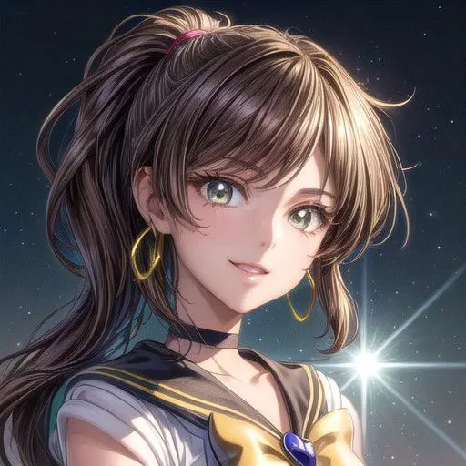 Setsuna, joy, smile, happy, brown eyes, high ponytail, long hair, sailor senshi uniform, sailor collar, chest bow, back bow, plead skirt, white elbow gloves, (masterpiece:1.1), (best quality:1.1), 1girl, Real light and shadow, anime face, 4k, 8k, wallpaper,epic, detail texture, (green eyes:1.5), ((((brown hair:1.35 colored inner hair,ear breathing)))),(((brown_eyes:1.3))),intricate eyes,beautiful detailed eyes,symmetrical eyes,big eyes:1.5,(((lustrous skin:1.5,bright skin: 1.5,shiny skin,very shiny skin,shiny body,plastic glitter skin,exaggerated shiny skin,illuminated skin))),(detailed body,(detailed face)),(dynamic pose:1.0),happy,smile,(centered,scale to fit dimensions,Rule of thirds), (ultra detailed,extremely detailed),(photorealistic artwork:1.37),(extremely detailed CG unity 8k wallpaper),(((vibrant colors,vibrant theme))),(intricate),(masterpiece),(best quality),