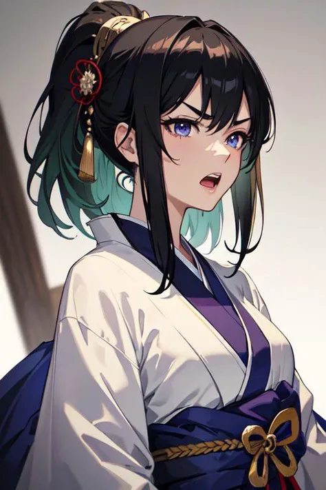 <lora:Setsuna_Yashahime-10:0.75> Setsuna,(masterpiece, best quality, ultra-detailed, absurdres), lustrous skin,(bloom), (solo focus), (shine),edge lighting, ray tracing, sci-fi,1girl, solo, purple eyes, open mouth, black hair, anime coloring, japanese clothes, teeth, ponytail, blue kimono, fur trim, kimono, long hair, upper body, bangs, hair ornament, shouting, short hair, motion blur, v-shaped eyebrows, brown hair, parted bangs, blue eyes, looking to the side, green hair, angry, depth_of_field, ancient japan background, (dynamic angle) ,rule of thirds, Ultra detailed, great composition, extremely delicate and beautiful, extreme light and shadow,(detailed eyes),(beautiful) detailed,beautiful detailed eyes,(extremely detailed illustrated digital art 8k wallpaper),vivid colors,