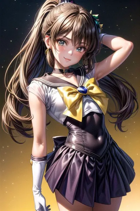 Setsuna, joy, smile, happy, brown eyes, high ponytail, long hair, sailor senshi uniform, sailor collar, chest bow, back bow, plead skirt, white elbow gloves, (masterpiece:1.1), (best quality:1.1), 1girl, Real light and shadow, anime face, 4k, 8k, wallpaper,epic, detail texture, (green eyes:1.5), ((((brown hair:1.35 colored inner hair,ear breathing)))),(((brown_eyes:1.3))),intricate eyes,beautiful detailed eyes,symmetrical eyes,big eyes:1.5,(((lustrous skin:1.5,bright skin: 1.5,shiny skin,very shiny skin,shiny body,plastic glitter skin,exaggerated shiny skin,illuminated skin))),(detailed body,(detailed face)),(dynamic pose:1.0),happy,smile,(centered,scale to fit dimensions,Rule of thirds), (ultra detailed,extremely detailed),(photorealistic artwork:1.37),(extremely detailed CG unity 8k wallpaper),(((vibrant colors,vibrant theme))),(intricate),(masterpiece),(best quality),