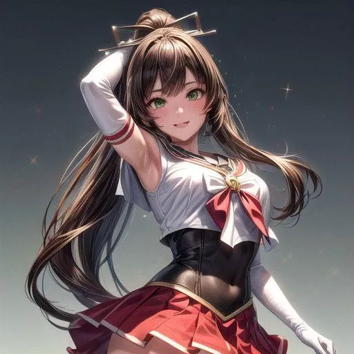 Setsuna,  joy, smile, happy, brown eyes, high ponytail, long hair, sailor senshi uniform, sailor collar, chest bow, back bow, plead skirt, white elbow gloves, (masterpiece:1.1), (best quality:1.1), 1girl, Real light and shadow, anime face, 4k, 8k, wallpaper,epic, detail texture,  (green eyes:1.5), ((((brown hair:1.35 colored inner hair,ear breathing)))),(((brown_eyes:1.3))),intricate eyes,beautiful detailed eyes,symmetrical eyes,big eyes:1.5,(((lustrous skin:1.5,bright skin: 1.5,shiny skin,very shiny skin,shiny body,plastic glitter skin,exaggerated shiny skin,illuminated skin))),(detailed body,(detailed face)),(dynamic pose:1.0),happy,smile,(centered,scale to fit dimensions,Rule of thirds), (ultra detailed,extremely detailed),(photorealistic artwork:1.37),(extremely detailed CG unity 8k wallpaper),(((vibrant colors,vibrant theme))),(intricate),(masterpiece),(best quality),