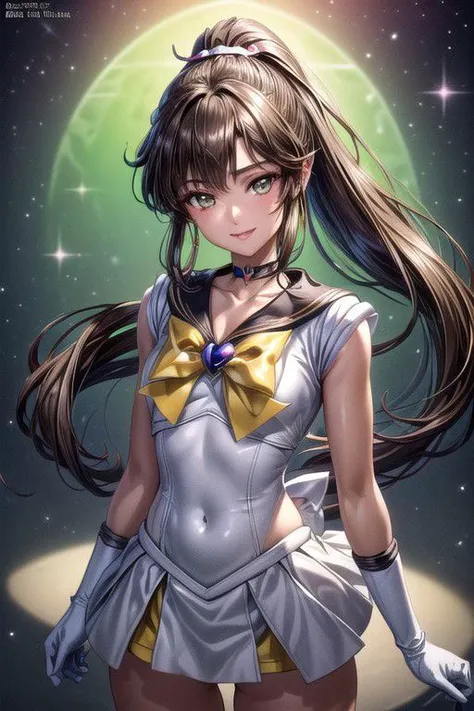 Setsuna,  joy, smile, happy, brown eyes, high ponytail, long hair, sailor senshi uniform, sailor collar, chest bow, back bow, plead skirt, white elbow gloves, (masterpiece:1.1), (best quality:1.1), 1girl, Real light and shadow, anime face, 4k, 8k, wallpaper,epic, detail texture,  (green eyes:1.5), ((((brown hair:1.35 colored inner hair,ear breathing)))),(((brown_eyes:1.3))),intricate eyes,beautiful detailed eyes,symmetrical eyes,big eyes:1.5,(((lustrous skin:1.5,bright skin: 1.5,shiny skin,very shiny skin,shiny body,plastic glitter skin,exaggerated shiny skin,illuminated skin))),(detailed body,(detailed face)),(dynamic pose:1.0),happy,smile,(centered,scale to fit dimensions,Rule of thirds), (ultra detailed,extremely detailed),(photorealistic artwork:1.37),(extremely detailed CG unity 8k wallpaper),(((vibrant colors,vibrant theme))),(intricate),(masterpiece),(best quality),