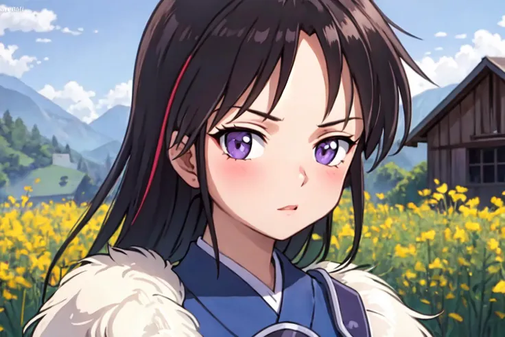 portrait, sharp focus, soft lighting, hdr, colorful, good composition, extremely detailed, illustration, depth of field, (bloom:0.4), 1girl, (best quality:1.0),(highly detailed:1.0) looking at viewer,outdoors, outside, village, mountains, sky, BREAK (Setsuna), purple eyes, deep eyes, detailed eyes, blush:0.2,brown hair, long hair,(arms behind back), BREAK <lora:s12V410UpdateStyleLora_v410:0.45> <lora:ishikei:0.4> <lora:setsunaYashahime_v10:0.8>