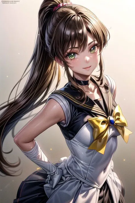 Setsuna,  joy, smile, happy, brown eyes, high ponytail, long hair, sailor senshi uniform, sailor collar, chest bow, back bow, plead skirt, white elbow gloves, (masterpiece:1.1), (best quality:1.1), 1girl, Real light and shadow, anime face, 4k, 8k, wallpaper,epic, detail texture,  (green eyes:1.5), ((((brown hair:1.35 colored inner hair,ear breathing)))),(((brown_eyes:1.3))),intricate eyes,beautiful detailed eyes,symmetrical eyes,big eyes:1.5,(((lustrous skin:1.5,bright skin: 1.5,shiny skin,very shiny skin,shiny body,plastic glitter skin,exaggerated shiny skin,illuminated skin))),(detailed body,(detailed face)),(dynamic pose:1.0),happy,smile,(centered,scale to fit dimensions,Rule of thirds), (ultra detailed,extremely detailed),(photorealistic artwork:1.37),(extremely detailed CG unity 8k wallpaper),(((vibrant colors,vibrant theme))),(intricate),(masterpiece),(best quality),