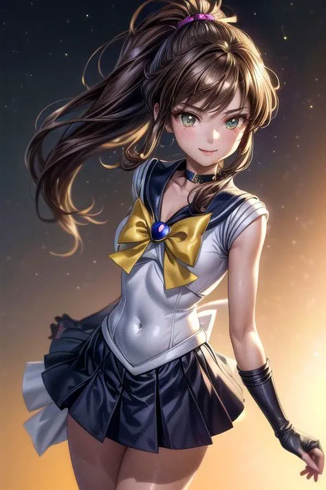 Setsuna,  joy, smile, happy, brown eyes, high ponytail, long hair, sailor senshi uniform, sailor collar, chest bow, back bow, plead skirt, white elbow gloves, (masterpiece:1.1), (best quality:1.1), 1girl, Real light and shadow, anime face, 4k, 8k, wallpaper,epic, detail texture,  (green eyes:1.5), ((((brown hair:1.35 colored inner hair,ear breathing)))),(((brown_eyes:1.3))),intricate eyes,beautiful detailed eyes,symmetrical eyes,big eyes:1.5,(((lustrous skin:1.5,bright skin: 1.5,shiny skin,very shiny skin,shiny body,plastic glitter skin,exaggerated shiny skin,illuminated skin))),(detailed body,(detailed face)),(dynamic pose:1.0),happy,smile,(centered,scale to fit dimensions,Rule of thirds), (ultra detailed,extremely detailed),(photorealistic artwork:1.37),(extremely detailed CG unity 8k wallpaper),(((vibrant colors,vibrant theme))),(intricate),(masterpiece),(best quality),