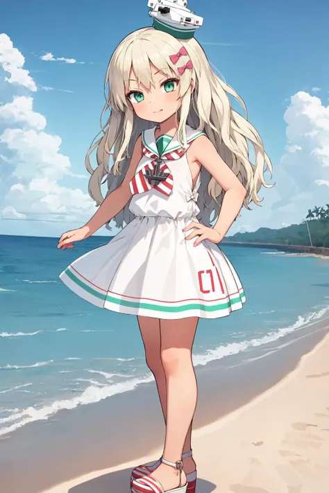 <lora:grecaleKancolleV12-000018:1>, 1girl, solo,
grecale \(kancolle\), blonde hair, wave hair, green eyes, long hair, hair bow, pink bow,
hat, sailor dress, sleeveless dress, white dress, striped neckerchief, anchor necklace, white footwear, full body,
beach, standing,