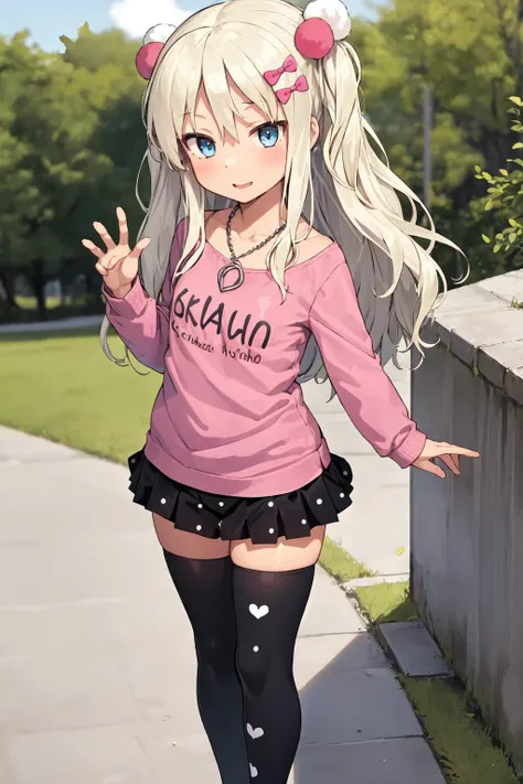 <lora:grecaleKancolleV12-000018:1>, 1girl, solo,
grecale \(kancolle\), blonde hair, wave hair, blue eyes, long hair, hair bow, pink bow,
two side up, pom pom hair ornament, heart necklace, pink shirt, clothes writing, black skirt, polka dot skirt, pleated skirt, black thighhighs,
outdoors, standing,