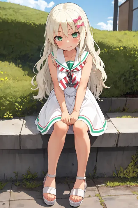 <lora:grecaleKancolleV12-000018:1>, 1girl, solo,
grecale \(kancolle\), blonde hair, wave hair, green eyes, long hair, hair bow, pink bow,
sailor dress, sleeveless dress, white dress, striped neckerchief, anchor necklace, white footwear, full body,sitting,
outdoors,