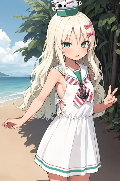 <lora:grecaleKancolleV12-000018:1>, 1girl, solo,
grecale \(kancolle\), blonde hair, wave hair, green eyes, long hair, hair bow, pink bow,
hat, sailor dress, sleeveless dress, white dress, striped neckerchief, anchor necklace,
beach, standing,