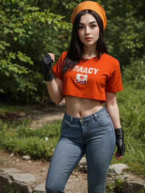 pandballgt, 1girl, black eyes, black hair, short hair, orange bandana, pants, fingerless gloves, red shirt, crop top, outdoors,
<lora:pandballgt_ex_01:0.8>