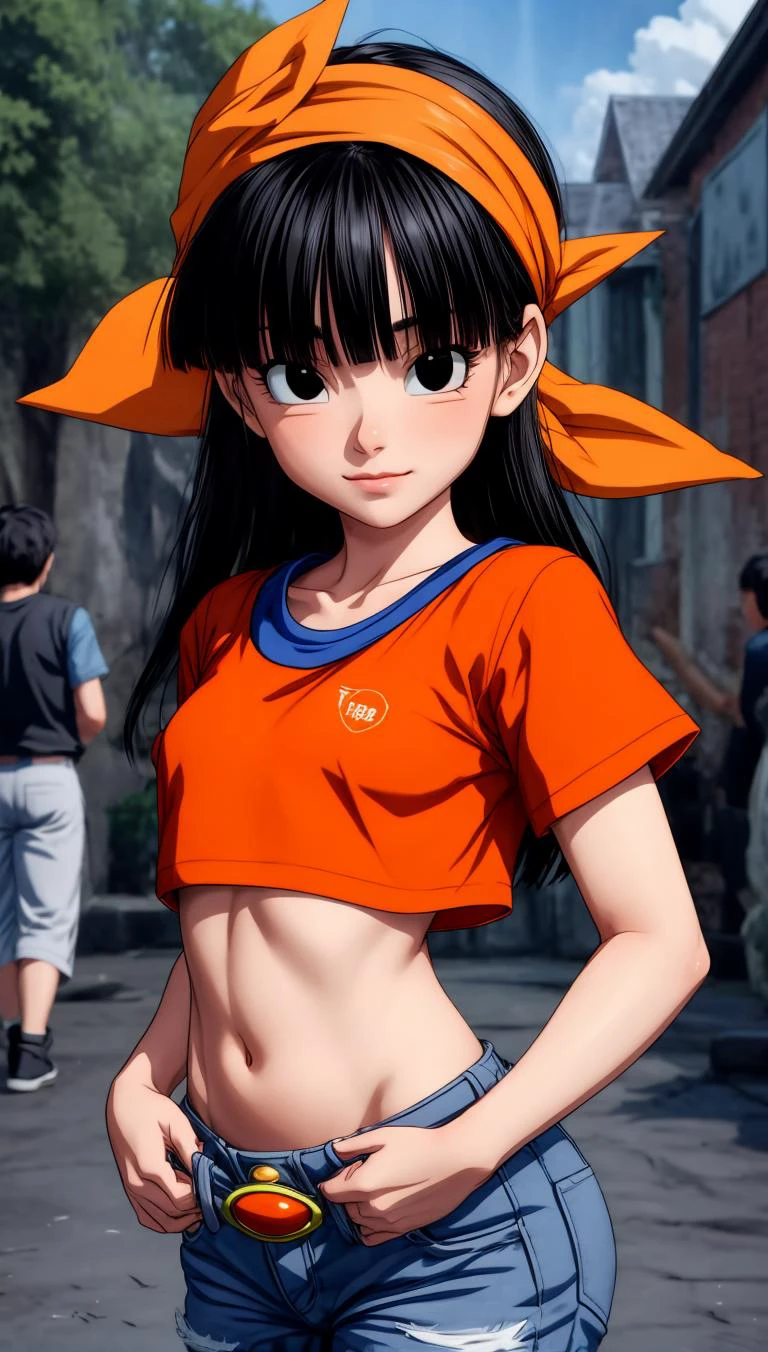 <lora:GoodHands-beta2:1> nice hands, perfect hands, <lora:add_detail:1>, ((masterpiece)), (best quality:1.7), <lora:pandballgt_ex_01:0.7> pandballgt, black hair, black eyes, petite, orange shirt, blue pants, bandana, <lora:DBKiCharge:0.8> ki charge, aura