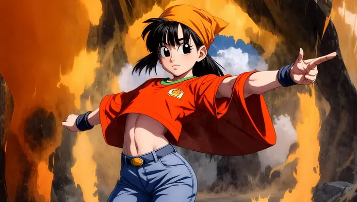 <lora:GoodHands-beta2:1> nice hands, perfect hands,  <lora:add_detail:1>, ((masterpiece)), (best quality:1.7),  <lora:pandballgt_ex_01:0.7> pandballgt, black hair, black eyes, petite, orange shirt, blue pants, bandana,  <lora:DBKiCharge:0.8> ki charge, aura
