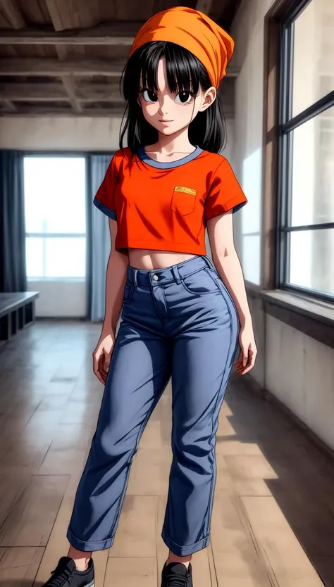 <lora:GoodHands-beta2:1> nice hands, perfect hands, <lora:add_detail:1>, ((masterpiece)), (best quality:1.7), <lora:pandballgt_ex_01:0.7> pandballgt, black hair, black eyes, petite, orange shirt, blue pants, bandana, <lora:DBKiCharge:0.8> ki charge, aura