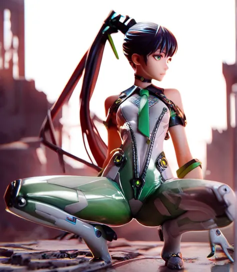 score_9,score_9_up,score_8,score_8_up,score_7,score_7_up,1girl,(((looking to viewer))),cute face,beautiful eyes,solo,ruanyi0530,bare shoulders,full body,android,black choker,bodysuit,zipper,green necktie,mechanical parts,sleeveless,white gloves,green necktie,see-through,green bodysuit,high ponytail,upperbody,(spread legs),outdoors,city ruins background,<lora:0515 Stellar Blade Battle Suit 3_v2_pony:0.9>,<lora:xl_figure style(kohaku_Delta)2:1.05>,figure style,pvc parfait,8k,cowboy shot,