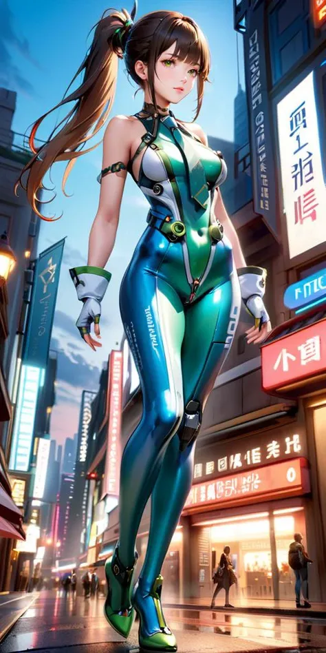 1girl,solo,full body,ruanyi0530,ruanyi0530,android,bare shoulders,belt,black choker,bodysuit,fingerless gloves,mechanical parts,zipper,green necktie,,sleeveless,white gloves,outdoors,cityscape,18 years old Korean girl,green necktie,ponytail,very long hair,cyborg,see-through,green bodysuit,<lora:0530 Stellar Blade Battle Suit_3_xl_v1:1>, best quality,masterpiece,highres,official art,extremely detailed cg unity 8k wallpaper