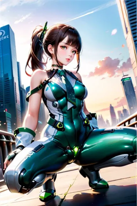 1girl,solo,full body,ruanyi0530,ruanyi0530,android,bare shoulders,belt,black choker,bodysuit,fingerless gloves,mechanical parts,zipper,green necktie,,sleeveless,white gloves,outdoors,cityscape,18 years old Korean girl,green necktie,ponytail,very long hair,cyborg,see-through,green bodysuit,squatting cowgirl position,spread legs,<lora:0530 Stellar Blade Battle Suit_3_xl_v1:1>, best quality,masterpiece,highres,official art,extremely detailed cg unity 8k wallpaper