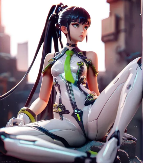 score_9,score_9_up,score_8,score_8_up,score_7,score_7_up,1girl,(((looking to viewer))),cute face,beautiful eyes,solo,ruanyi0530,bare shoulders,full body,android,black choker,bodysuit,zipper,green necktie,mechanical parts,sleeveless,white gloves,green necktie,see-through,green bodysuit,high ponytail,upperbody,(spread legs),outdoors,city ruins background,<lora:0515 Stellar Blade Battle Suit 3_v2_pony:0.9>,<lora:xl_figure style(kohaku_Delta)2:0.9>,figure style,pvc parfait,8k,cowboy shot,