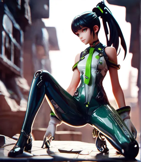 score_9,score_9_up,score_8,score_8_up,score_7,score_7_up,1girl,(((looking to viewer))),cute face,beautiful eyes,solo,ruanyi0530,bare shoulders,full body,android,black choker,bodysuit,zipper,green necktie,mechanical parts,sleeveless,white gloves,green necktie,see-through,green bodysuit,high ponytail,upperbody,(spread legs),outdoors,city ruins background,<lora:0515 Stellar Blade Battle Suit 3_v2_pony:0.9>,<lora:xl_figure style(kohaku_Delta)2:0.9>,figure style,pvc parfait,8k,cowboy shot,