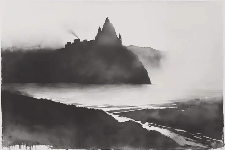 masterpiece,best quality,<lora:tbh100-:1>,style of Norman Ackroyd,aquatint,watercolor,black and white,illustration,character,landscape,
