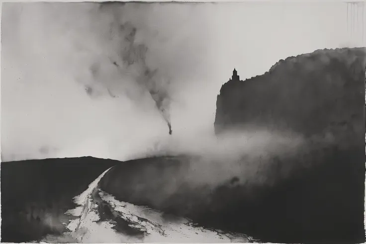 masterpiece,best quality,<lora:tbh100-:1>,style of Norman Ackroyd,aquatint,watercolor,black and white,illustration,character,landscape,