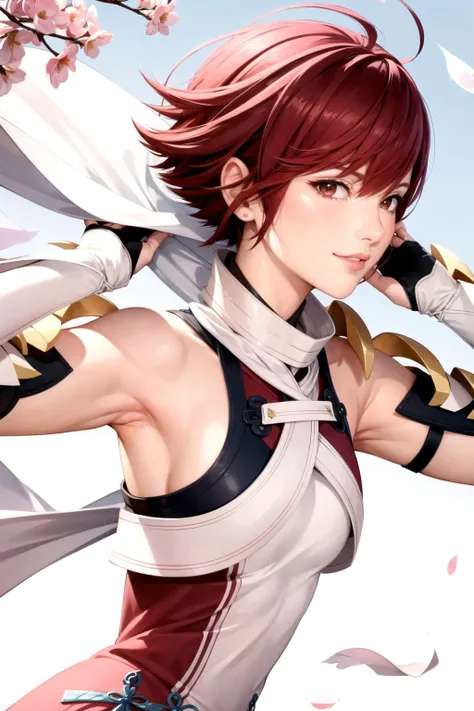 masterpiece, best quality, hinoka, short dress, white scarf, shoulder armor, vambraces, side view, upper body, looking at viewer, smile, hand in hair, cherry blossoms, <lora:hinoka-nvwls-v1:1>