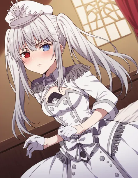 score_9, score_8_up, score_7_up, source_anime,
whitequeen, <lora:white-queen-movie-ponyxl-lora-nochekaiser:1>,
white queen, long hair, bangs, twintails, white hair, heterochromia, red eyes, blue eyes,
gloves, long sleeves, hat, dress, bow, frills, white gloves, white dress, white headwear, epaulettes, half gloves,
indoors, bed, bed room, on side, blush, drunk,
solo, dutch angle, looking at viewer, cowboy shot,