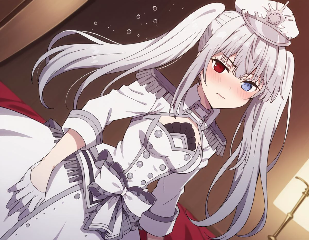 score_9, score_8_up, score_7_up, source_anime,
whitequeen, <lora:white-queen-movie-ponyxl-lora-nochekaiser:1>,
white queen, long hair, bangs, twintails, white hair, heterochromia, red eyes, blue eyes,
gloves, long sleeves, hat, dress, bow, frills, white gloves, white dress, white headwear, epaulettes, half gloves,
indoors, bed, bed room, on side, blush, drunk,
solo, dutch angle, looking at viewer, cowboy shot,
