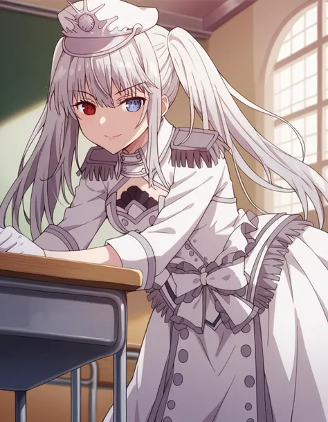 score_9, score_8_up, score_7_up, source_anime,
whitequeen, <lora:white-queen-movie-ponyxl-lora-nochekaiser:1>,
white queen, long hair, bangs, twintails, white hair, heterochromia, red eyes, blue eyes,
gloves, long sleeves, hat, dress, bow, frills, white gloves, white dress, white headwear, epaulettes, half gloves,
indoors, classroom, bent over, smile,
solo, dutch angle, looking at viewer, cowboy shot,