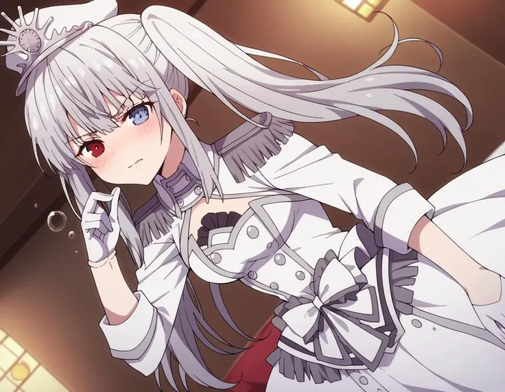 score_9, score_8_up, score_7_up, source_anime,
whitequeen, <lora:white-queen-movie-ponyxl-lora-nochekaiser:1>,
white queen, long hair, bangs, twintails, white hair, heterochromia, red eyes, blue eyes,
gloves, long sleeves, hat, dress, bow, frills, white gloves, white dress, white headwear, epaulettes, half gloves,
indoors, bed, bed room, on side, blush, drunk,
solo, dutch angle, looking at viewer, cowboy shot,