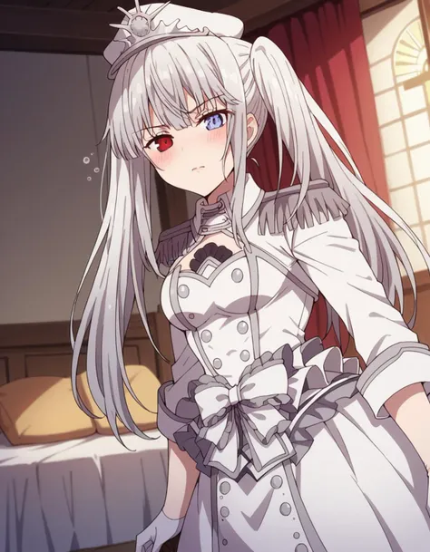 score_9, score_8_up, score_7_up, source_anime,
whitequeen, <lora:white-queen-movie-ponyxl-lora-nochekaiser:1>,
white queen, long hair, bangs, twintails, white hair, heterochromia, red eyes, blue eyes,
gloves, long sleeves, hat, dress, bow, frills, white gloves, white dress, white headwear, epaulettes, half gloves,
indoors, bed, bed room, on side, blush, drunk,
solo, dutch angle, looking at viewer, cowboy shot,