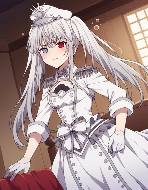 score_9, score_8_up, score_7_up, source_anime,
whitequeen, <lora:white-queen-movie-ponyxl-lora-nochekaiser:1>,
white queen, long hair, bangs, twintails, white hair, heterochromia, red eyes, blue eyes,
gloves, long sleeves, hat, dress, bow, frills, white gloves, white dress, white headwear, epaulettes, half gloves,
indoors, bed, bed room, on side, blush, drunk,
solo, dutch angle, looking at viewer, cowboy shot,