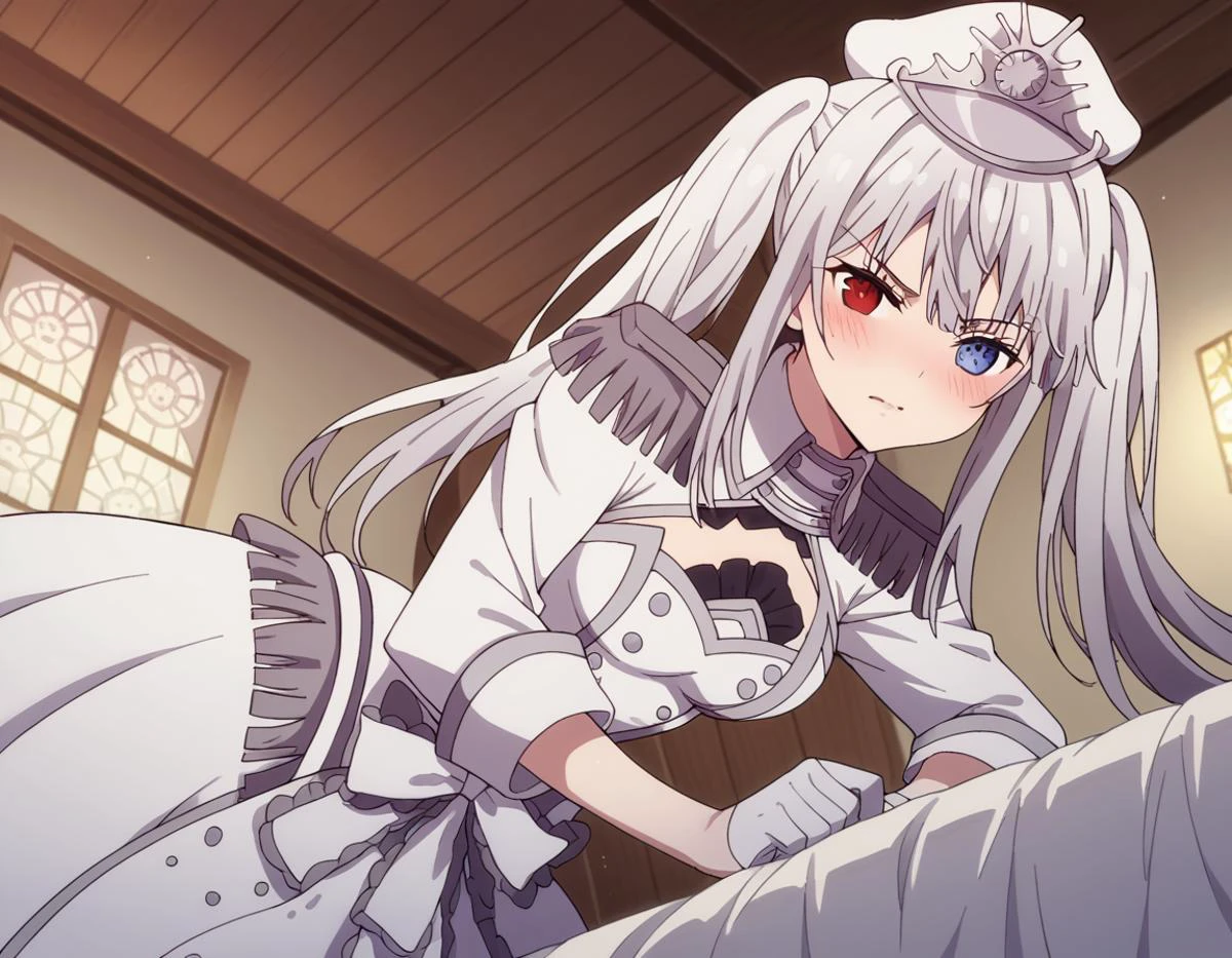 score_9, score_8_up, score_7_up, source_anime,
whitequeen, <lora:white-queen-movie-ponyxl-lora-nochekaiser:1>,
white queen, long hair, bangs, twintails, white hair, heterochromia, red eyes, blue eyes,
gloves, long sleeves, hat, dress, bow, frills, white gloves, white dress, white headwear, epaulettes, half gloves,
indoors, bed, bed room, on side, blush, drunk,
solo, dutch angle, looking at viewer, cowboy shot,