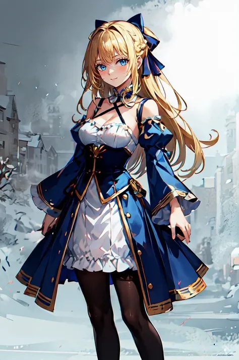 ultra detailed, masterpiece, best quality, solo, soft smile, light smile, white and blue theme, flute, playing flute, recorder,
1girl, blue eyes, very long hair, blonde hair, long blonde hair, french braid, bangs, medium breasts,
hair ribbon, frilled choker, criss-cross halter, sleeveless dress, high-waist skirt, backless dress, waist bow, detached sleeves, frilled sleeves, wide sleeves, pantyhose, patterned legwear, mary janes, <lora:Misaka120003-Style:0.85>