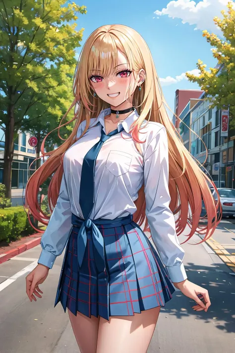 masterpiece, best quality, highres, kitagawa marin, 1girl, blonde hair, long hair, multicolored hair, red eyes, jewelry, earrings, piercing, school uniform, white shirt, tied shirt, black choker, blue necktie, plaid skirt, <lora:kitagawa_marin_v1-1:0.7>, grin, smile, standing, cowboy shot, outdoors, <lora:Misaka12003-Style-v2-final_335900:1>