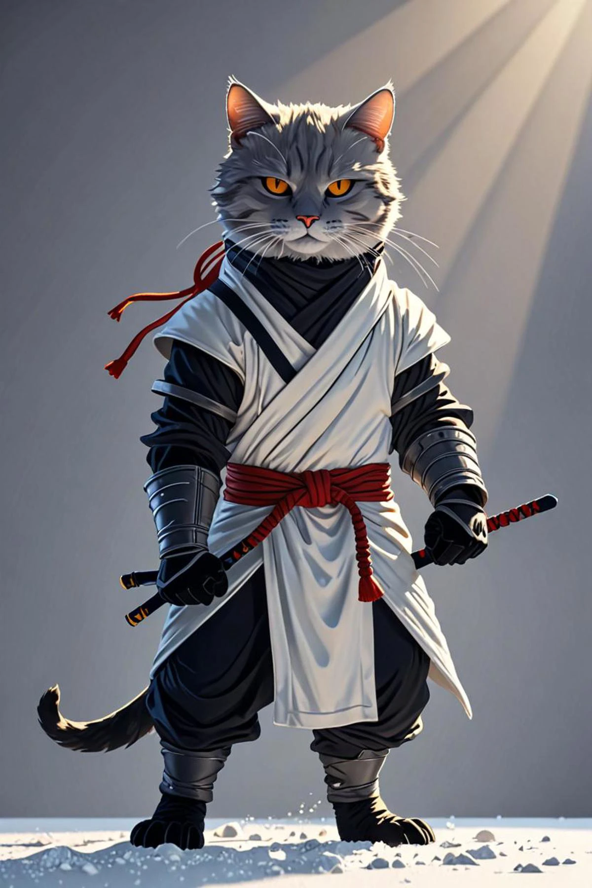 a anthropomorphic cat ninja and 24mm in a plain studio background in the style of sun rays through snow, simple lineart, <lora:sdxl_lightning_8step_lora.safetensors:1.0>, <lora:add detail xl.safetensors:1.5>